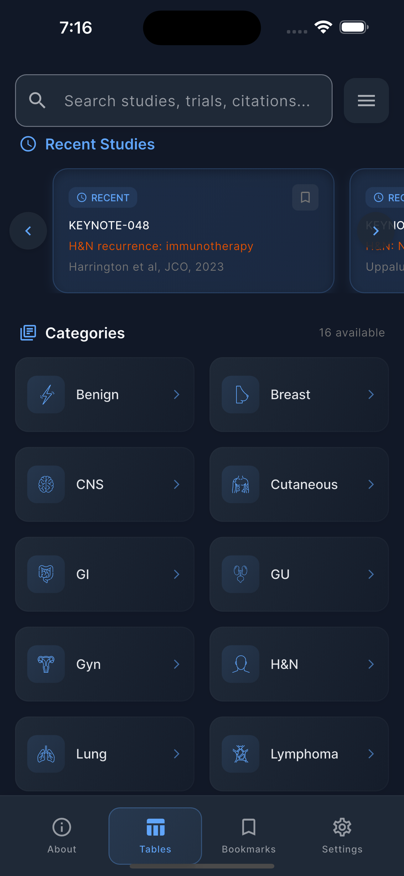 RadOncTables app — browse categories